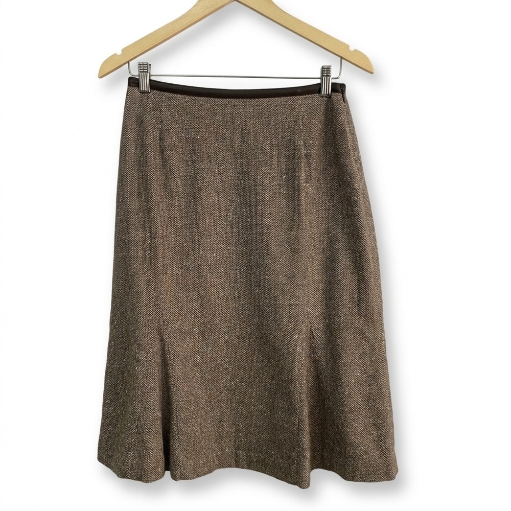Harold's Wool Silk Tweed Gored Midi Skirt Leather‎ Trim Brown Academia Size 4